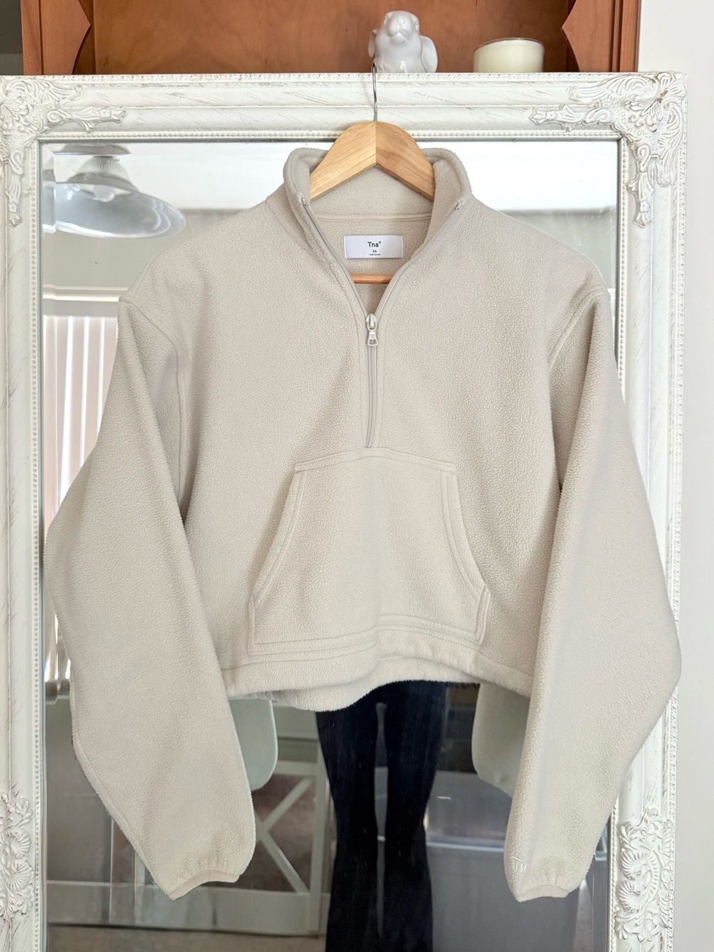 Aritzia TNA Half-Zip Crop Fleece Pullover Sweater in Light Cream